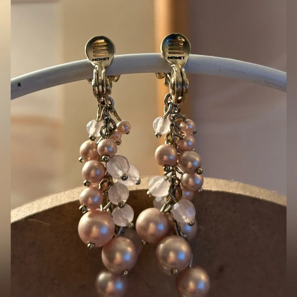 Monet pink drop clip-on earrings - Picture 2 of 2